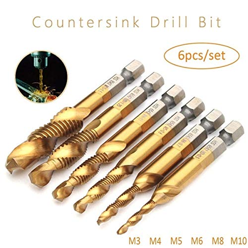 Drill Tap Set 6 Pieces Titanium Coated HSS Drill Bit M3-M10 1/4 Inch Hex Shank for Lathe Machine Tap Cutting