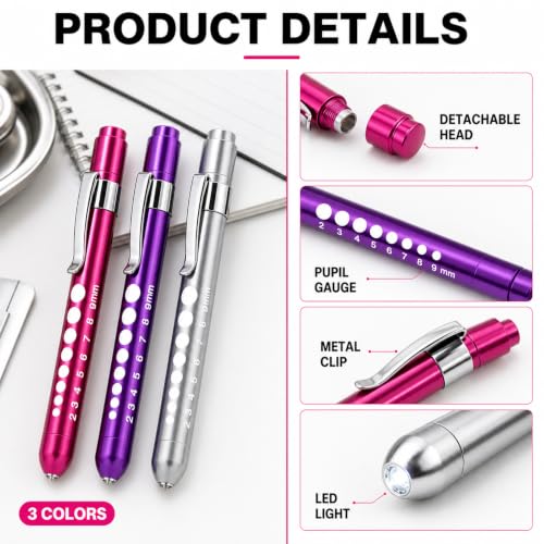 Zolara Led Stiftlampe, Pupillenleuchte Set, LED Taschenlampe Augenleuchte, Taschenlampe mit Clip und Skala, für Augenuntersuchungen, Notfall und Pflegezubehör, Lila, Silber, Rosa