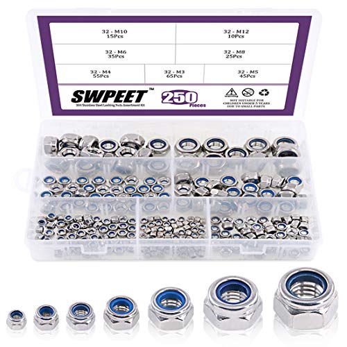 Swpeet 250Pcs 304 Stainless Steel Metric Lock Nut Assortment Kit+105Pcs 304 Stainless Steel Serrated Metric Flange Nuts Hex Lock Nuts Assortment Kit