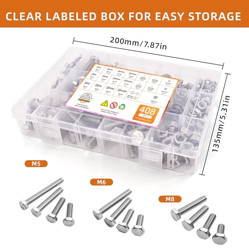 304 Stainless Steel (A2-70) Metric Bolt & Nut Assortment Kit - 408pcs M5/M6/M8 Hex Bolts, Nuts & Washers Set - Fully Threaded 18-8 Stainless Steel Hardware Kit 408 pieces M5/M6/M8