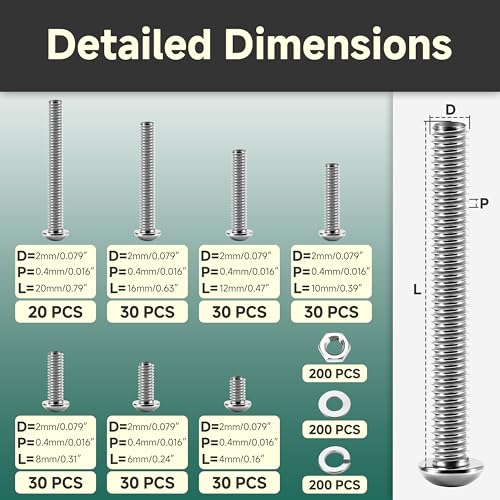 120Pcs Metric Bolt Assortment Kit M4 M5 M6 & 800Pcs M2 Screw Assortment Bolts and Nuts Kit, Machine Screws and Nuts with Lock & Flat Washers, 304 Stainless Steel Button Head Socket Cap Screws