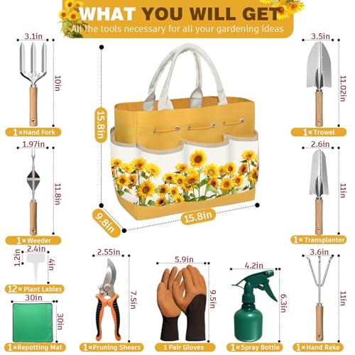 22Pcs Gardening Tools Set for Women Heavy Duty Garden Hand Tool Kit,Birthday Gifts for Mom Wife Grandma Beginner,Gardening Accessories with Sunflower Tote Bag/Shovel/RepottingMat/Plant Labels/Gloves Yellow