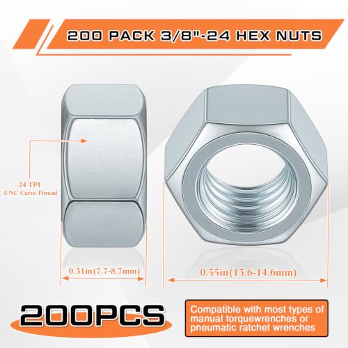Yaocom 200 Pack 3/8''-24 Zinc Hex Nuts, Electro Galvanized Bright Silver