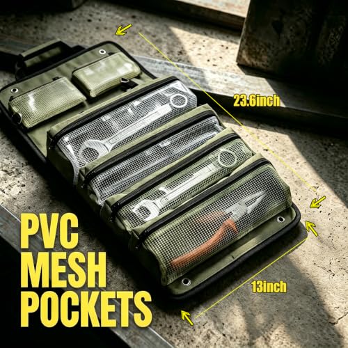 Heavy Duty Roll Up Tool Bag Organizer - 1680D Oxford, 23.6"x13", See-Through PVC Pockets, 12 Compartments for Mechanic, Electrician & Tradesperson Green