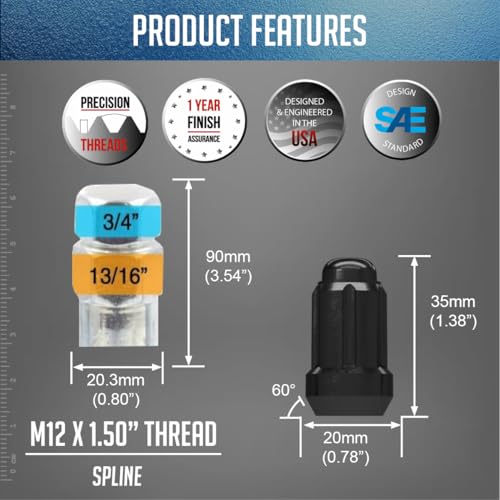 Wheel Accessories Parts 27 Pcs M12x1.5 12x1.5 Thread Car Spline 35mm 1.38" Long Lug Nuts Black Dual Hex Key 13/16" and 3/4" Hex Fits Ford Bronco 2021+ All Models (Except Raptor) M12x1.5 Bronco 27 PCS - Rainy Climate
