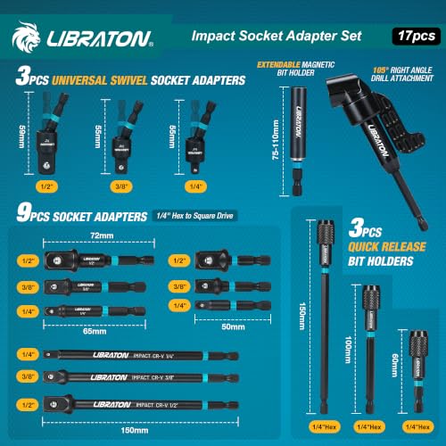 LIBRATON 17PCS Impact Socket Adapter Set, 1/4 3/8 1/2 Square Drive