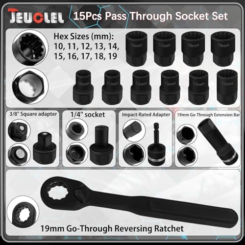 15PCS Metric Pass Through Socket Set, 3/8"Drive Go-Thru Ratchet Kit 15Pcs Metric