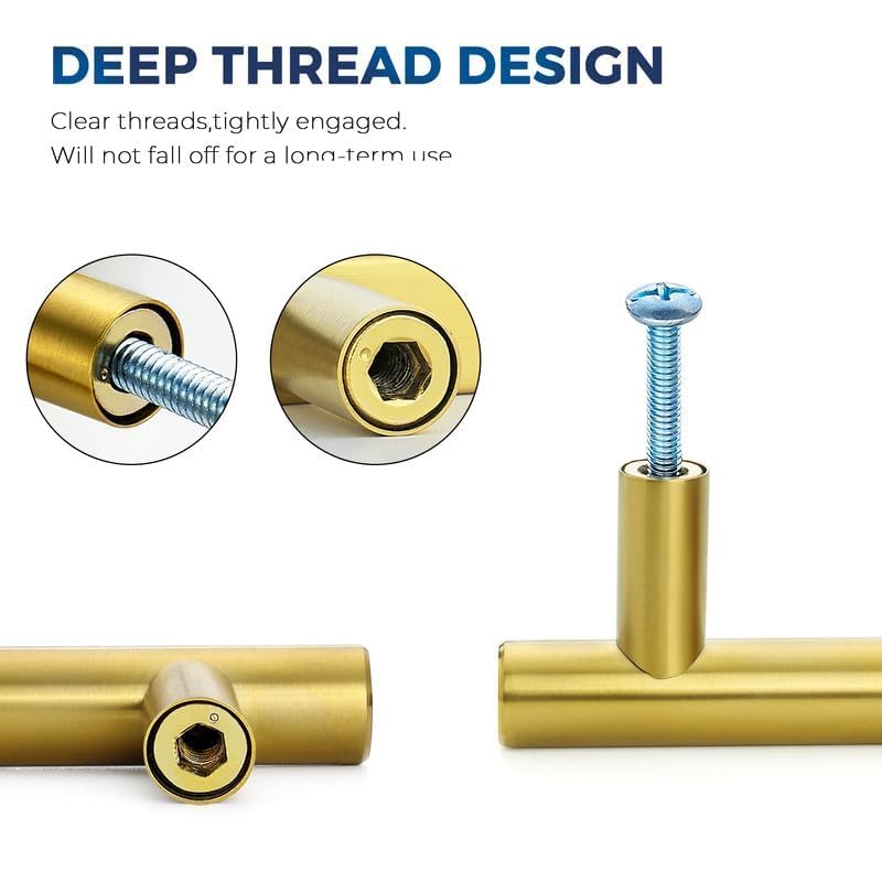 JOY DECOR 15 Pack Cabinet Handles, Gold Cabinet Pulls, 3-3/4 in Hole Center Kitchen Cabinet Handles, Stainless Steel T Bar Handles for Dresser Drawers