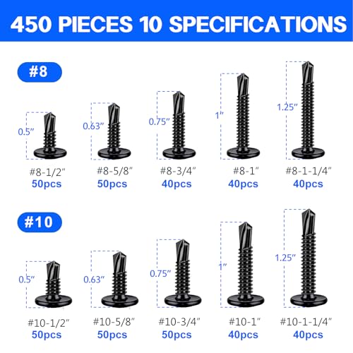 450PCS Self Tapping Screws for Metal, 410 Stainless Steel Self Drilling Screws #8#10 Truss Head Sheet Metal Screws Assortment Kits, Length 1/2"" to 1-1/4'' (Black) Black