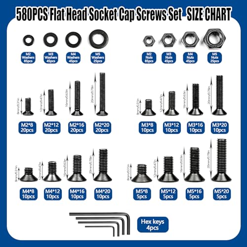 NINDEJIN M2 M3 M4 M5 M6 Flat Head Hex Socket Cap Screws Bolts and Hex Nuts with Washers Assortment Kit, 12.9/10.9 Carbon Steel Metric Screw, Full Thread, Black Oxide, Hex Drive(580PCS and 146PCS)