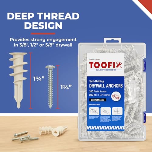 Self Drilling Drywall Anchor Kit - Wall Anchors With Screws for Drywall, Plastic Anchors, 400 Pieces 200 Pack