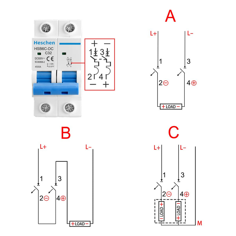 Heschen DC Miniature Circuit Breaker HSB6C-DC 2 Pin DC500V 100A Photovoltaic Circuit Breaker for Solar PV System Solar Cell Grid System 35mm DIN Rail Mounting