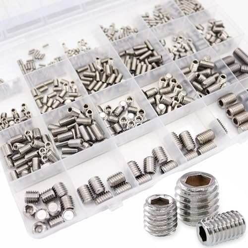 AXK 666Pcs Flat Point Set Screw Stainless Steel Hexagon Socket Grub Screw Kit M2 M3 M4 M5 M6 M8 Headless Screw Set Assortment Kit 666PCS Stainless Steel