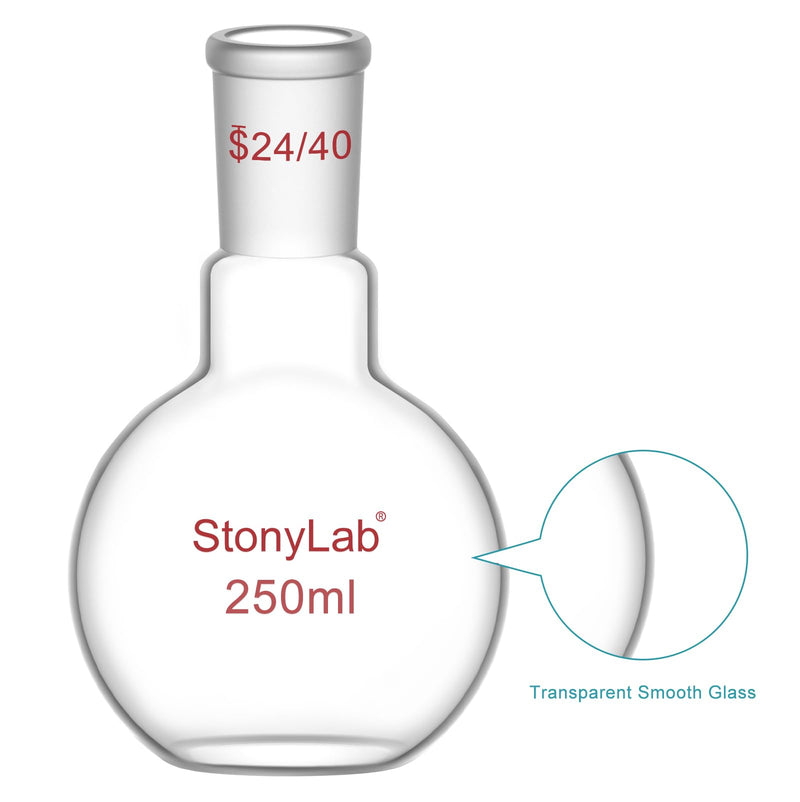 StonyLab Borosilicate Glass Heavy Wall Single Neck Flat Bottom Boiling Flask, with 24/40 Standard Taper Outer Joint, 250ml 250 mL