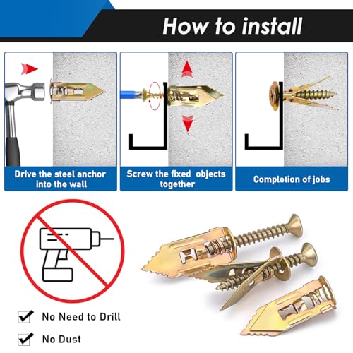 480Pcs Self Drilling Drywall Anchors with Screws Kit, 2 Sizes Sheetrock Anchors & 4 Sizes Expansion Screws, Zinc Plated Steel Drywall Anchors No Drilling Required Holds Up to 66lbs 480Pcs - 6 Sizes-Gold