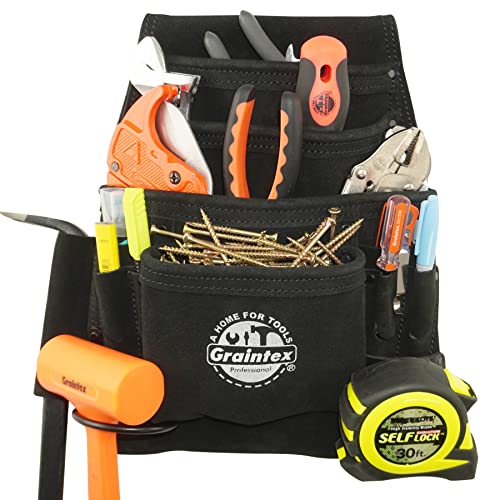 Graintex SS2780 10 Pocket Nail & Tool Pouch Black Color Suede Leather for Constructors, Electricians, Plumbers, Handymen