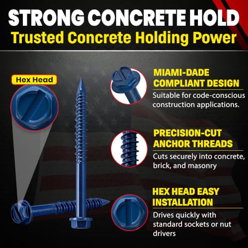 Hex Head Concrete Screw Anchor (1/4 x 2-3/4") 100 Pieces with Drill Bit (Miami-Dade Compliant) Chenango Supply