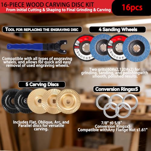 16-Piece Wood Carving Disc Kit for 4 in 4.5 in Angle Grinder, Woodworking Grinding Wheels Kit with 7/8"-5/8" Arbor for Quick Rough Cutting Shaping Sanding Polishing