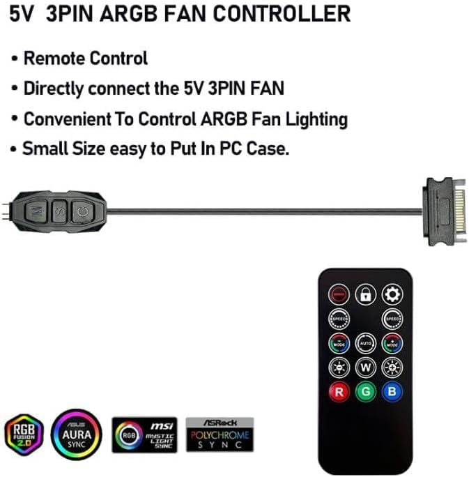 Mini ARGB PC Fans Controller Kit for ARGB Case Fans, PC ARGB LED Strip，14 Key Remote Control Switch Colors ARGB Fan Controller 14 KEY ARGB PC Fans Controller Kit
