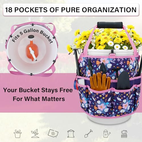 KUNN Garden Tool Belt,Durable Adjustable Tool Belt Waist Pouch with 4 Pocket for Women Men Gardeners Florist Army Green + 5 Gallon Bucket Tool Organizer 18-Pocket Heavy-Duty Bucket Caddy