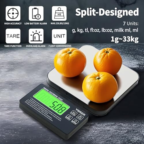 Food Scale, 33lb Split-Designed Digital Kitchen Scale Grams and Ounces with Remote LCD Display, 7 Units & Tare Function for Baking/Cooking/Dieting/Meal Prep Silver&Black