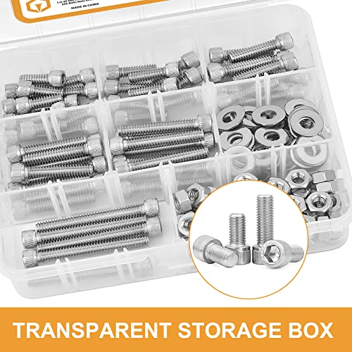 1/4-20 Hex Head Cap Screws, VIGRUE 304 Stainless Steel UNC Hexagon Bolts Flat Washers Nuts Assortment