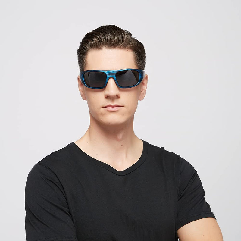 OhO Smart Glasses,Polarized Sunglasses with Bluetooth Speaker,Athletic/Outdoor UV Protection and Voice Control,Unisex(Grey Lens) Stripe Blue Frame-black lens