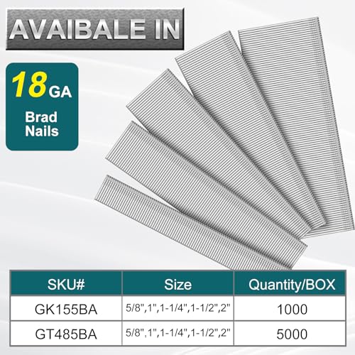 Toicann18 Gauge Galvanized Brad Nails 2",1-1/2",1-1/4",1",5/8"，5000-Pack 5000