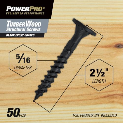 Power Pro TimberWood Structural Screws, 5/16in x 2-1/2in, 50 Pieces, Black 5/16 inch x 2-1/2 inch 50pc