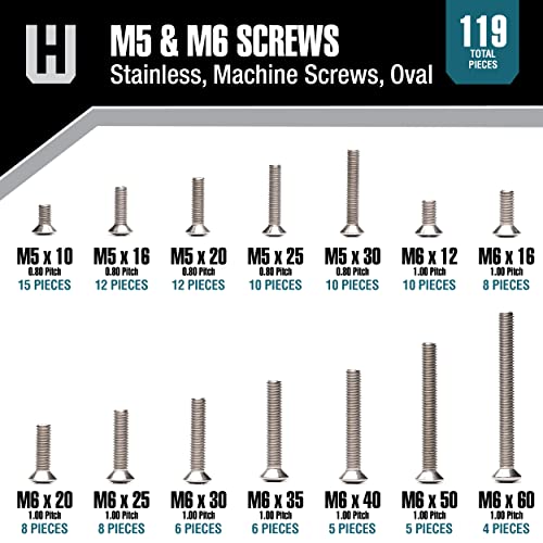 119 Piece Fastener Assortment Kit, Metric Stainless Steel Oval Phillips Machine Screw Set, M5 and M6 Diameters, Gray, Stainless Steel