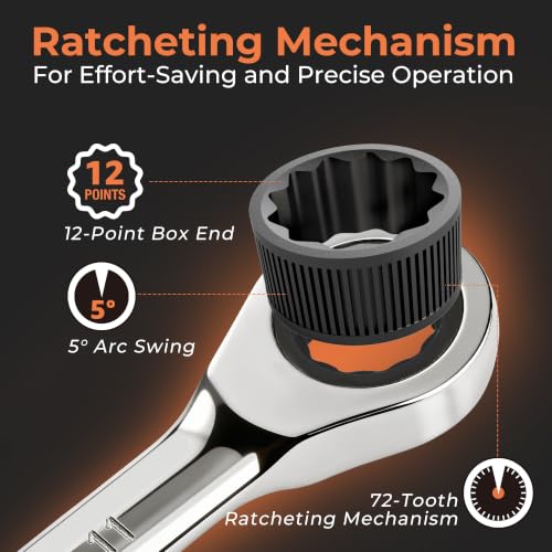 8-Piece Metric Ratcheting Combination Wrench Set, 72-Tooth, CR-V Steel 6mm-17mm