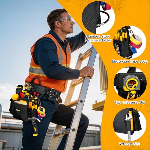 Tool Belts,18-Pocket Magnetic Tool Pouches with Drill Holster,Metal Buckle Black&yellow
