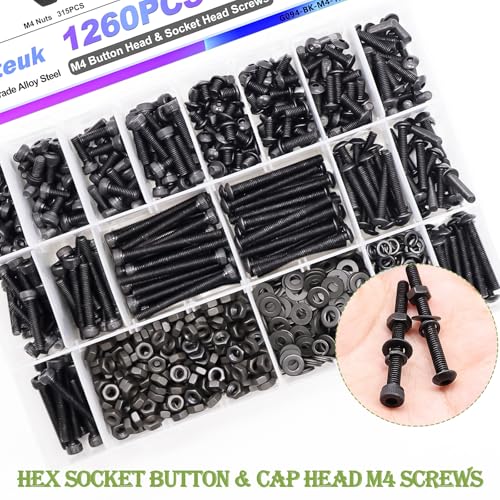 mxuteuk 1260PCS M4 Screws Kit,6mm-40mm Metric Screw Bolts Washers Nuts Kit,Hex Socket Button & Cap Head M4 Screws,12.9 & 10.9 Grade Alloy Steel Bolts with 2 Hex Wrench