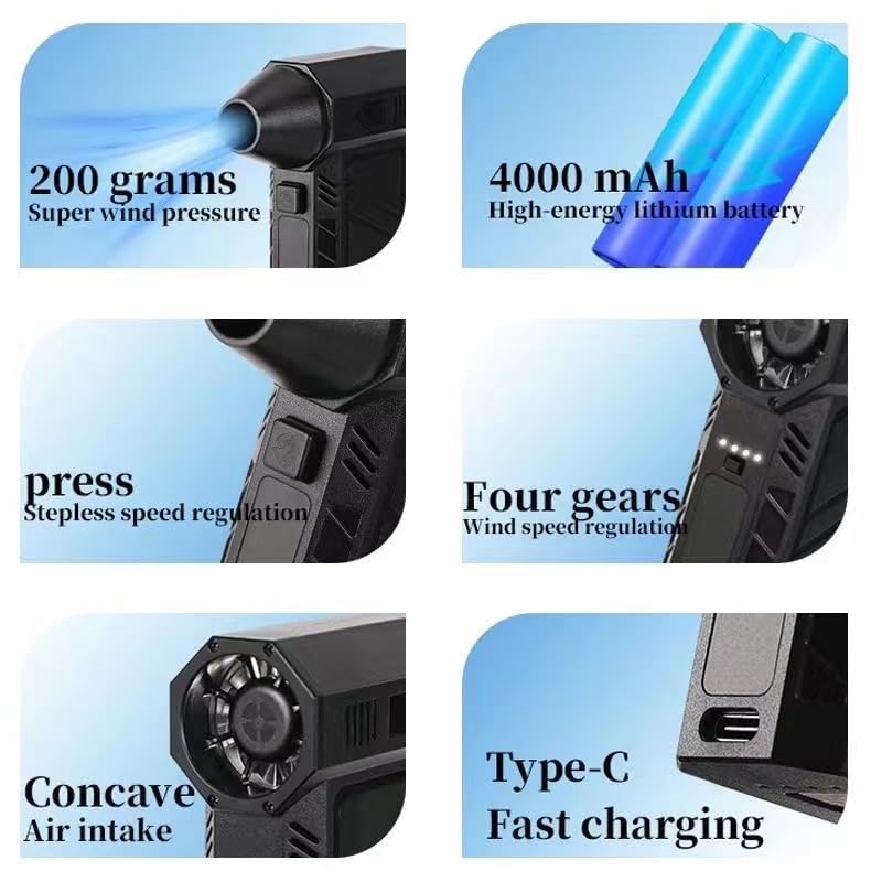 Multi Functional Fan Air Duster - Violent Fan Suitable for Cars, Houses, Computer Keyboards, and Outdoor use; 4-Speed Adjustable Wind Drying, dust Removal, air Blowing and Suction 130000RPM