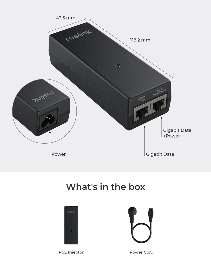 Reolink Gigabit PoE Injector, Convert Non-PoE to PoE, Supplies PoE+ (30W) or PoE (15.4W), Distance up to 100m, Plug & Play, Suitable for Reolink PoE Cameras/Reolink Video Doorbell PoE, P030U05