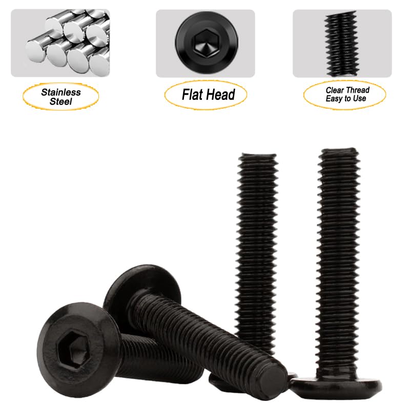 Metuja M8-1.25 x 40mm,50-Pack Black Flat Head Hex Socket Cap Screw Bolts,304 Stainless Steel,Fully Threaded M8 Bolts,Metric Fasteners for Furniture M8-1.25x40mm 50