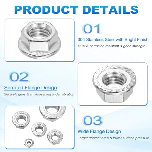 100Pcs Serrated Flange Hex Nuts-3/8-16-UNC 304 SS Bright Finish Silver 3/8"-16 100