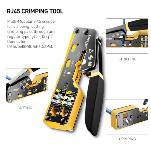 Network Tool Kit, ZOERAX 11 in 1 Professional RJ45 Crimp Tool Kit - Pass Through Crimper, RJ45 Tester, 110/88 Punch Down Tool, Stripper, Cutter, Cat6 Pass Through Connectors and Boots Network Tool Kit (11-in-1)