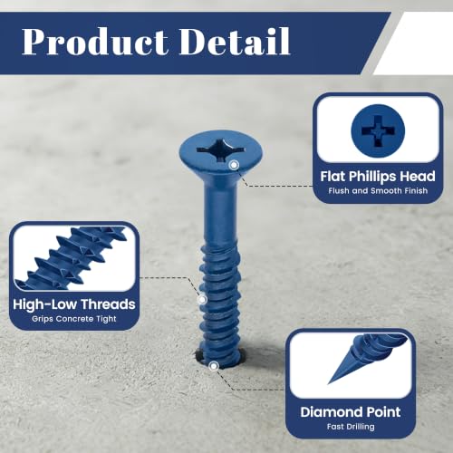 Mellewell 1/4" x 5" Blue Flat Head Concrete Screws, 50 PCS 1/4" x 5"