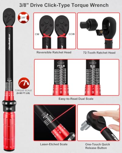 ATsafepro 3/8" Drive Click Torque Wrench 5-50 Ft-lb, +/-3% Accuracy