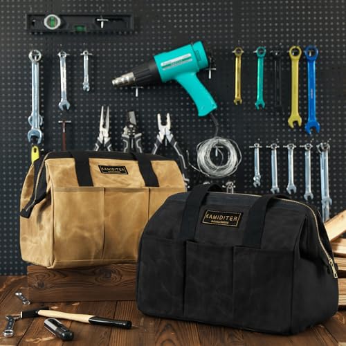 Heavy-Duty 16oz Waxed Canvas Tool Tote Bag - 15" Wide Mouth Open Top Organizer with 15 Pockets | Multi-Purpose Storage for Tools, Hardware & DIY Supplies (Black) Black 15 Inch