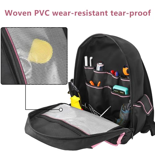 Men/Women Tool Bag Backpack, Heavy Duty Tool Backpack with Round Molded Base, 1680D Professional Level Durable Multi Pockets Tool Organizer for Electricians & Home Repair (Pink) Pink