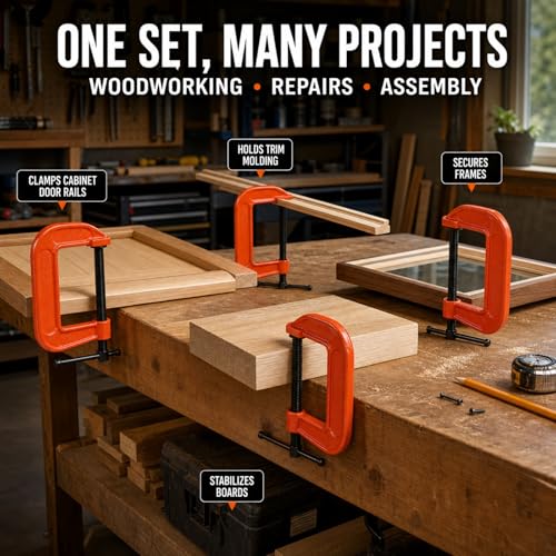 RHBLME 4 Pack Heavy Duty C Clamp, 5 Inch Malleable Iron C-Clamp G Clamp, Up To 5 Inch Jaw Opening, 3 Inch Throat Depth with T-Bar Handle for Woodworking, Welding, Building
