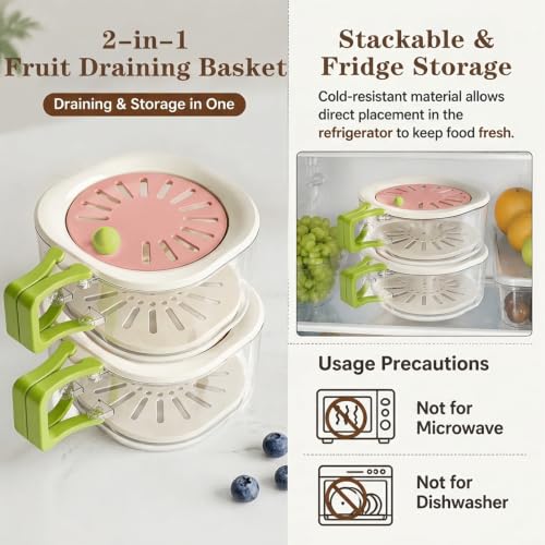 Fruit Washing Bowl, 2-in-1 Fruit Vegetable Storage Container with Strainer, Berry Fruit Washing Bowl with Lid, Multifunctional Kitchen Strainer, Strainer Bowl, Drip and Preservation Basket (Pink) Pink