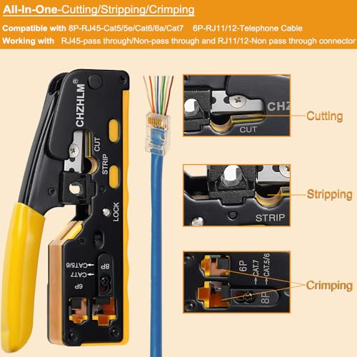 Rj45 Crimp Tool Pass Through Ethernet Crimping Tool kit for 8P-Cat7 Cat6 Cat5 6P Telephone Connector Network Crimp Tool RJ45 Crimper With Cable Tester Covers Connectors Mini Yellow Stripper Cat/5/6/7 RJ45 Crimp Tool Set