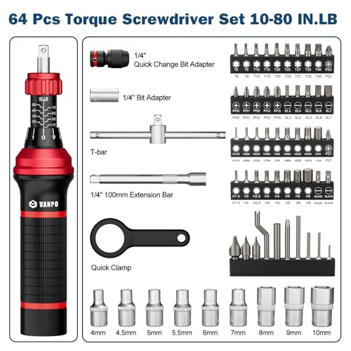 VANPO Torque Screwdriver, 10–80 in-lb, 64 Pieces, Click Style for Gunsmith Red