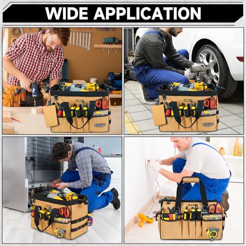 15-Inch Tool Bag,38 Pockets Tool Bags for Men,Heavy Duty Tool Box Organizer Storage,Wide Mouth Toolbag Tools Tote Carrying Case for Dad,Mechanic,Electrician,Brown,Bag Only