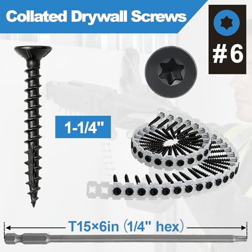 #6x1-1/4 Collated Drywall Screws, 1000PCS Wood Screws with Torx Drive #6x1-1/4"