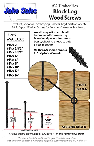 Jake Sales #14 X 6 Heavy Duty Black Timber/Log/Landscaping Wood Screws - Exterior Coated Heavy Duty Screws. 1 x 50 Count Box - 50 Screws 14x6" 50 CT