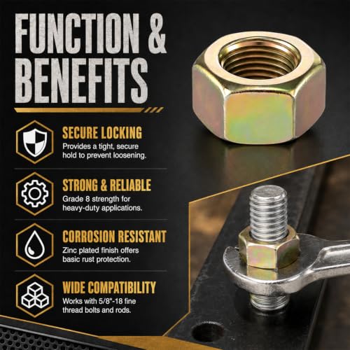 50 Pcs 5/8"-18 Hex Nuts, Grade 8 Yellow Zinc Plated Carbon Steel
